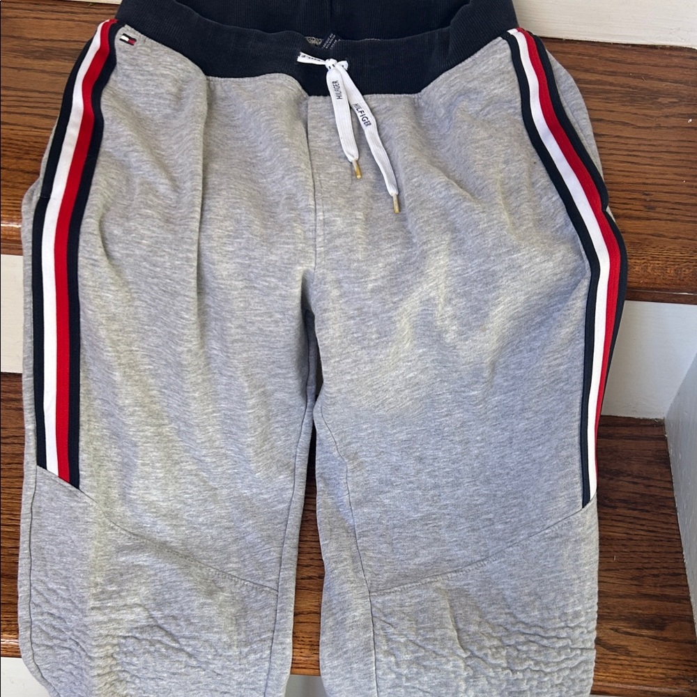 Tommy Hilfiger Gray Sweatpants with Red and Black Stripes